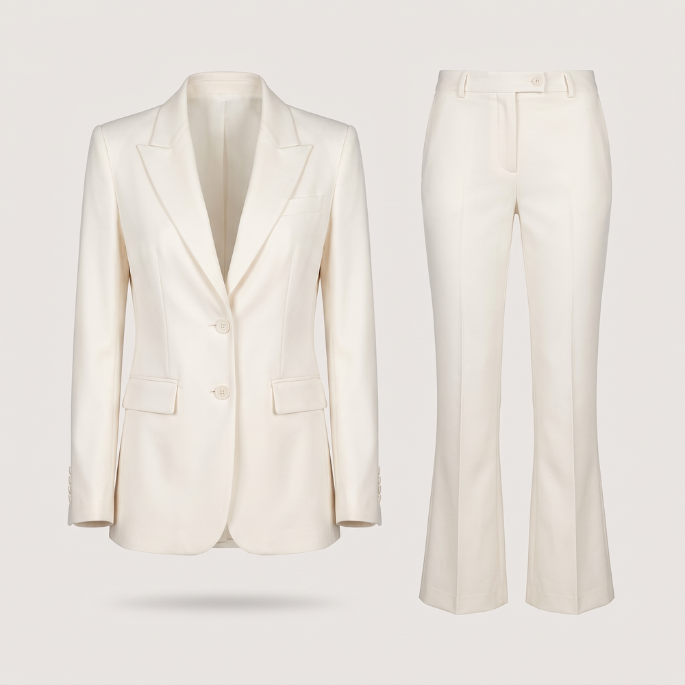 Ensemble tailleur femme Cécile écru, veste à revers pointus et pantalon évasé, vue de face - Lonamy