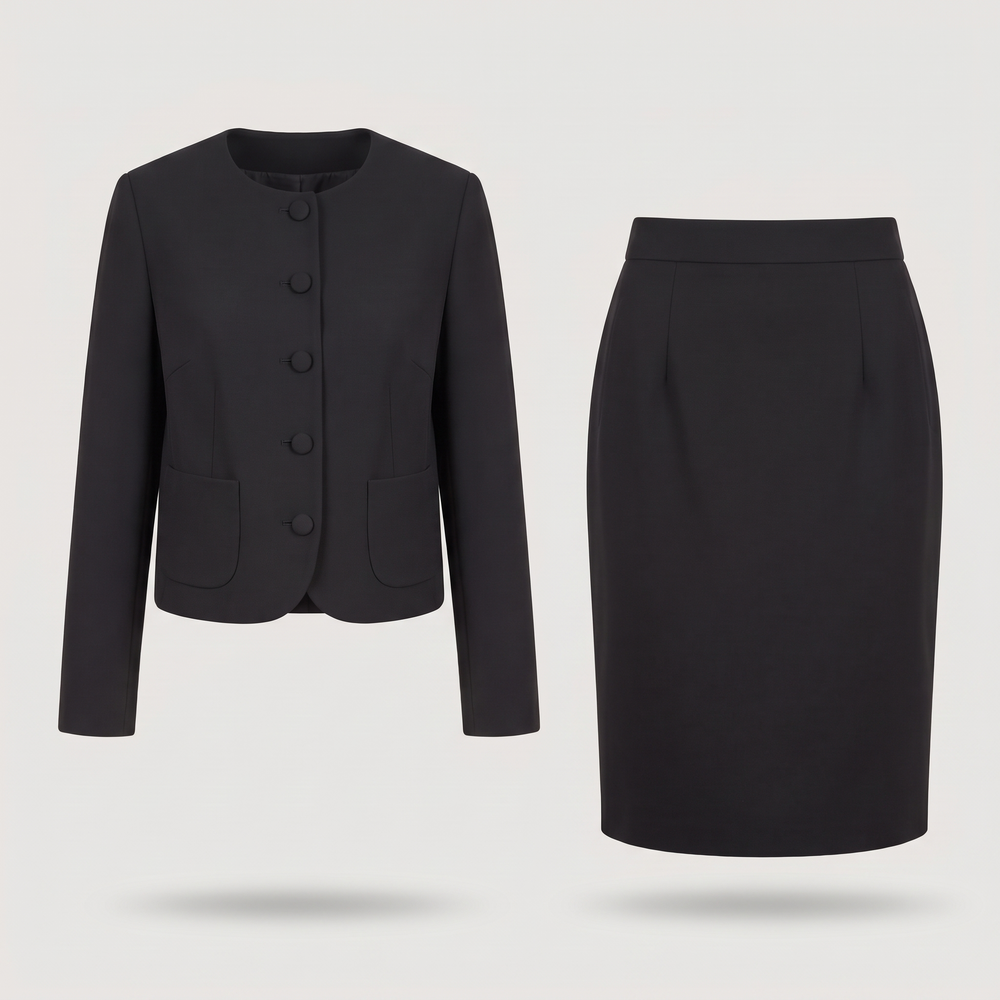 Ensemble tailleur femme Clarisse noir, veste sans col et jupe crayon, vue de face - Lonamy