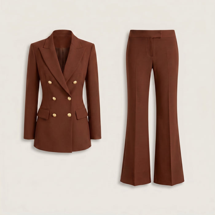 Ensemble cérémonie femme Garance marron, veste croisée et pantalon à plat - Lonamy