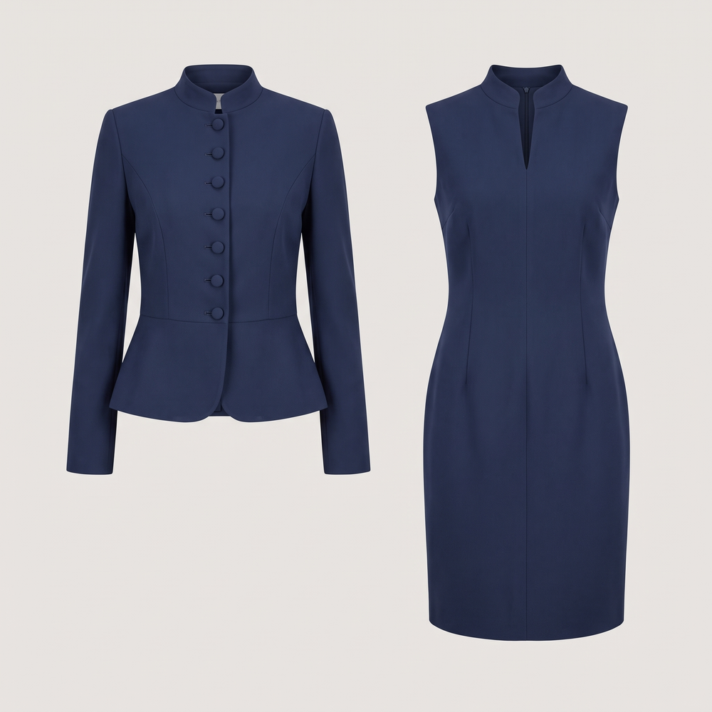 Ensemble tailleur femme Diane marine, veste col officier et robe fourreau, vue de face - Lonamy