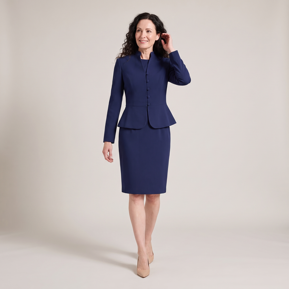 Ensemble tailleur femme Diane marine porté de face, silhouette complète - Lonamy