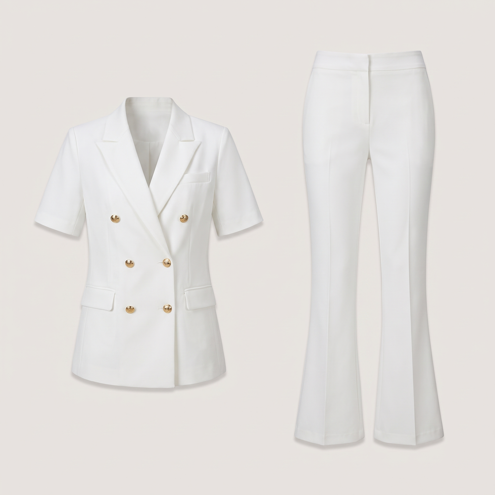 Ensemble tailleur femme Gabrielle blanc, veste croisée et pantalon évasé, vue de face - Lonamy