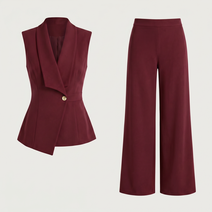 Ensemble cérémonie femme Albane en bordeaux, gilet et pantalon à plat - Lonamy