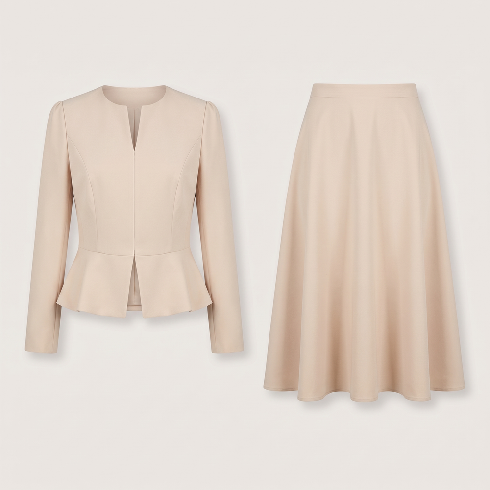 Ensemble tailleur femme Ophélie Beige, veste à basque et jupe évasée, vue de face - Lonamy