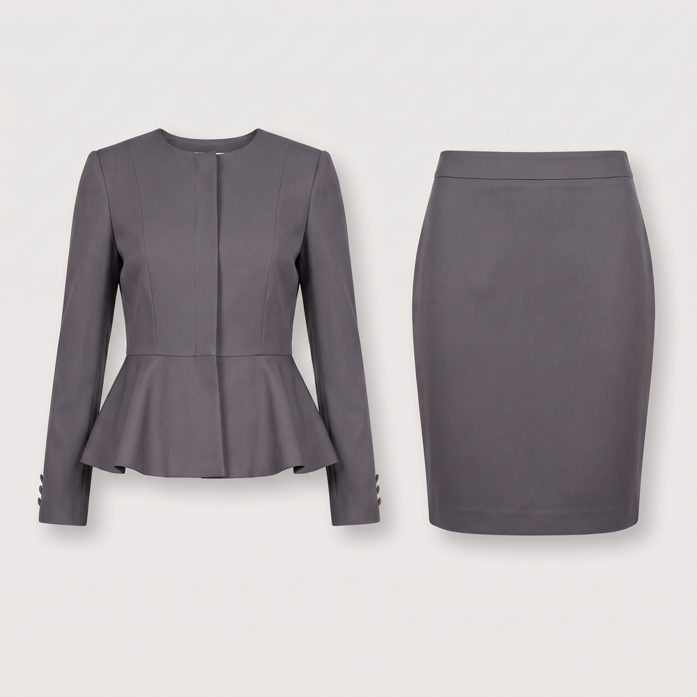 Ensemble tailleur femme Ottilie gris, veste à basque et jupe crayon, vue de face - Lonamy