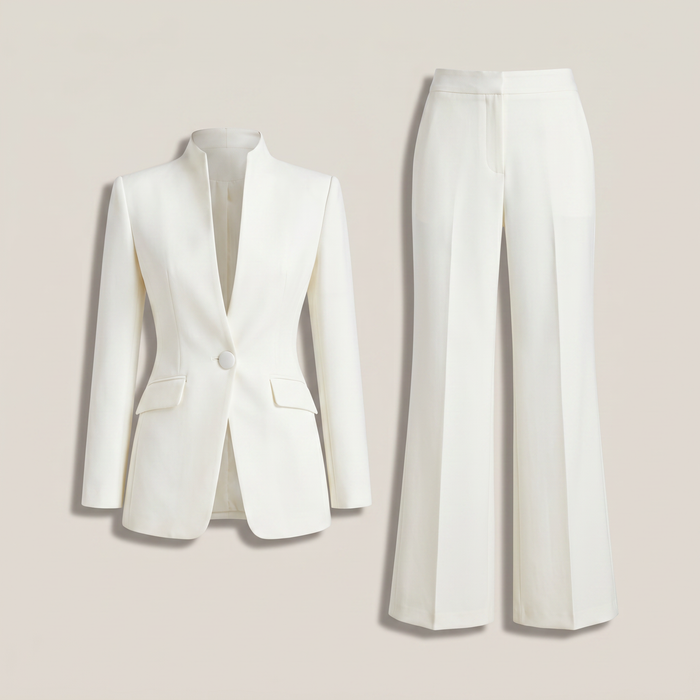 Ensemble tailleur blanc femme Camille, veste et pantalon à plat - Lonamy