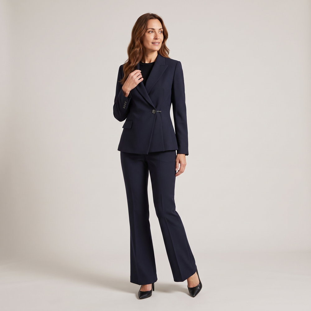 Ensemble tailleur pantalon évasé femme Vivienne marine porté de face, silhouette complète - Lonamy