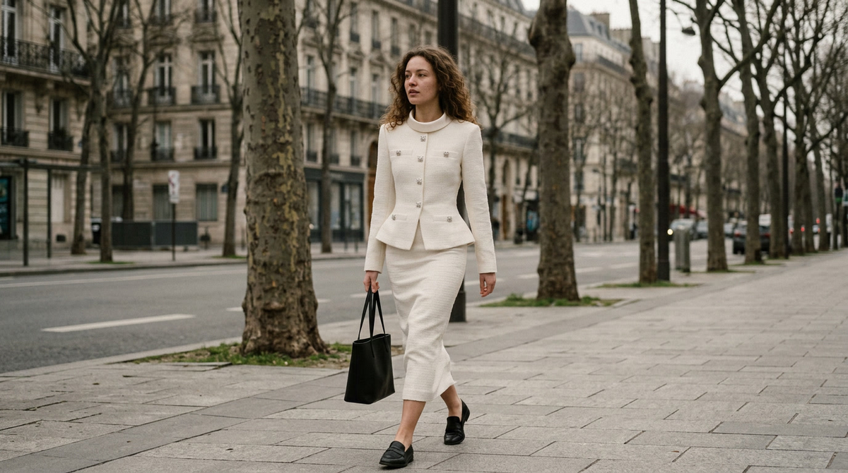 Ensemble tweed deux pièces eva blanc porté en situation