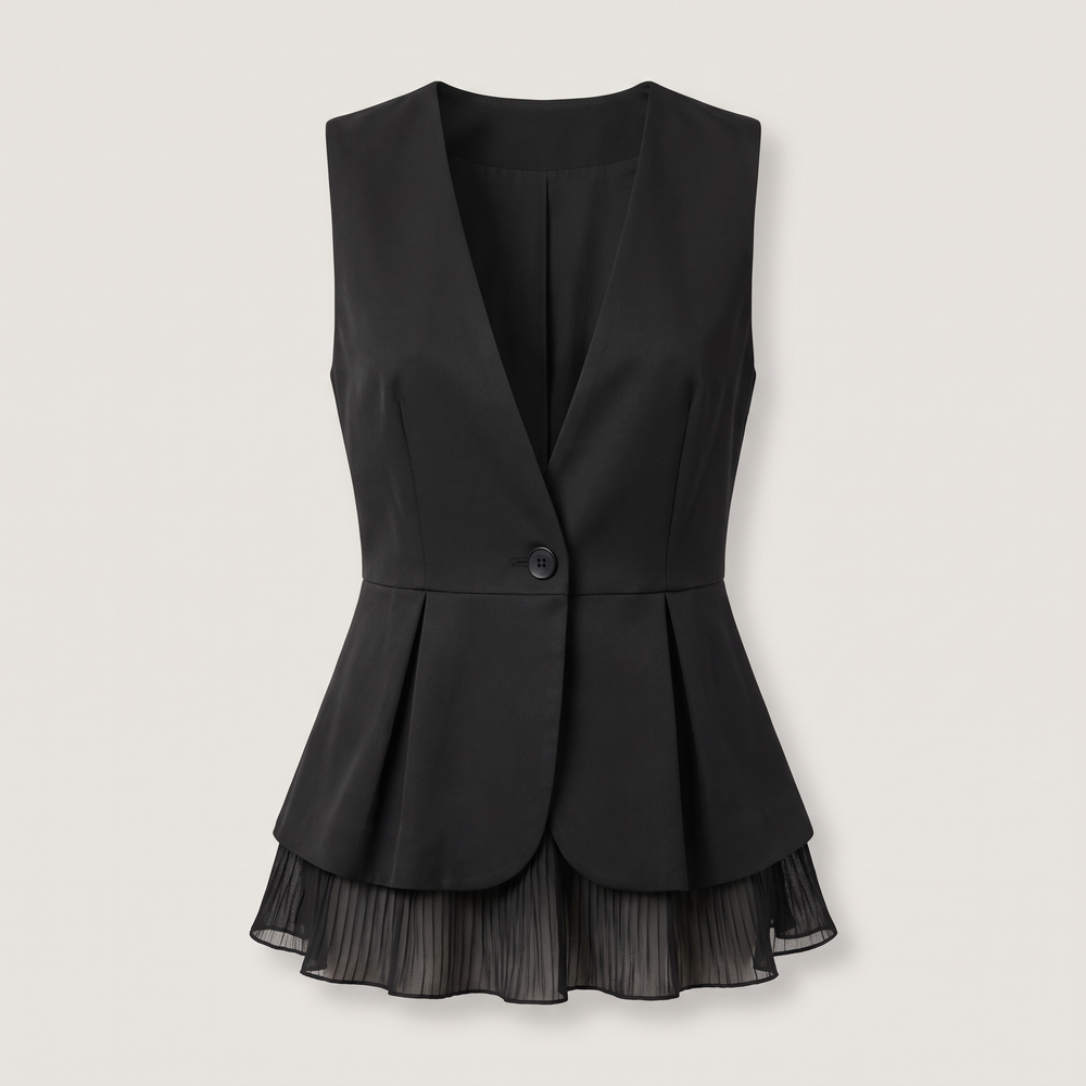 Gilet tailleur à basque femme Charlotte noir, vue de face - Lonamy