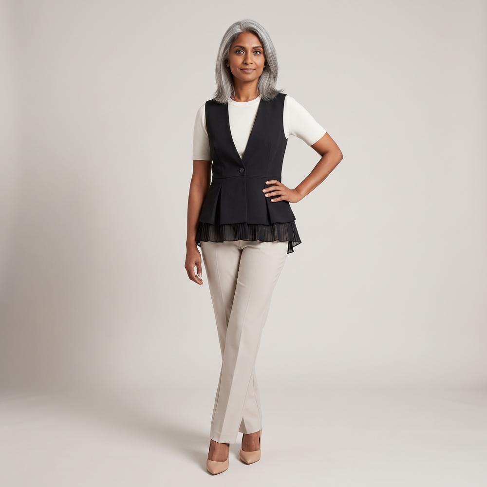 Gilet tailleur à basque femme Charlotte noir porté de face, silhouette complète - Lonamy