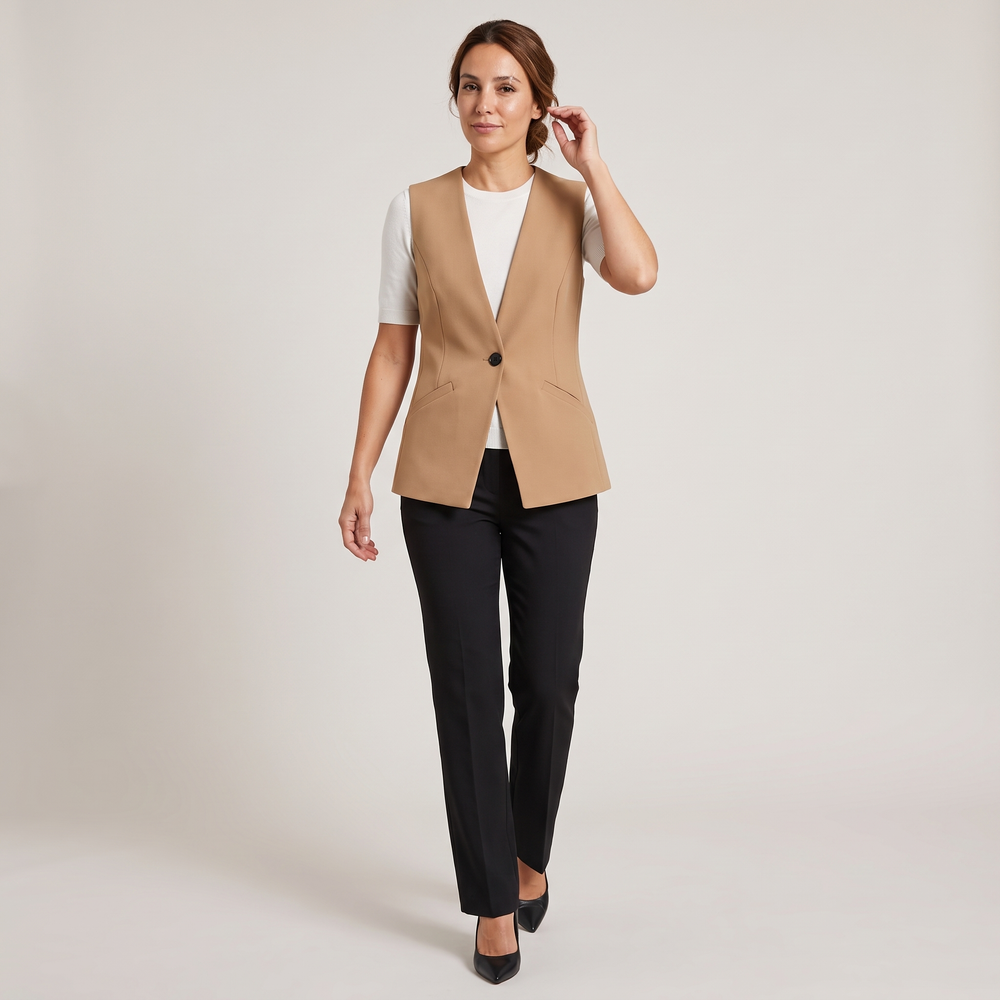 Gilet tailleur femme Élodine camel porté de face, silhouette complète - Lonamy