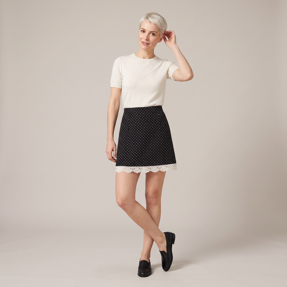 Jupe tailleur courte femme Célestine noire à pois portée de face, silhouette complète - Lonamy