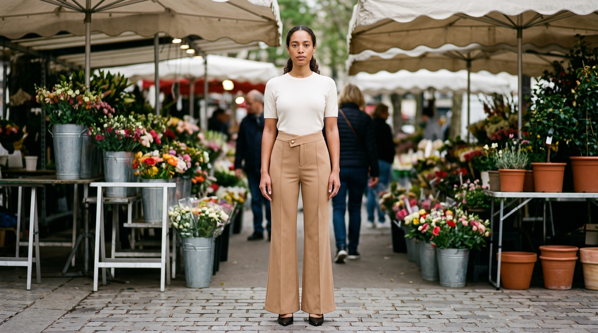 Pantalon évasé Olympe porté en situation