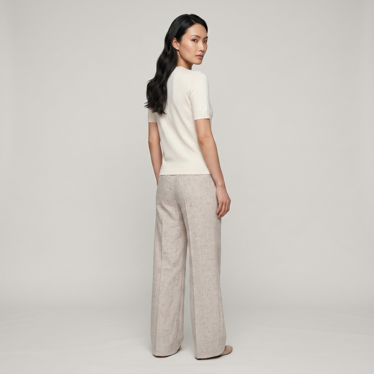Pantalon droit femme June grège chiné vu de dos - Lonamy