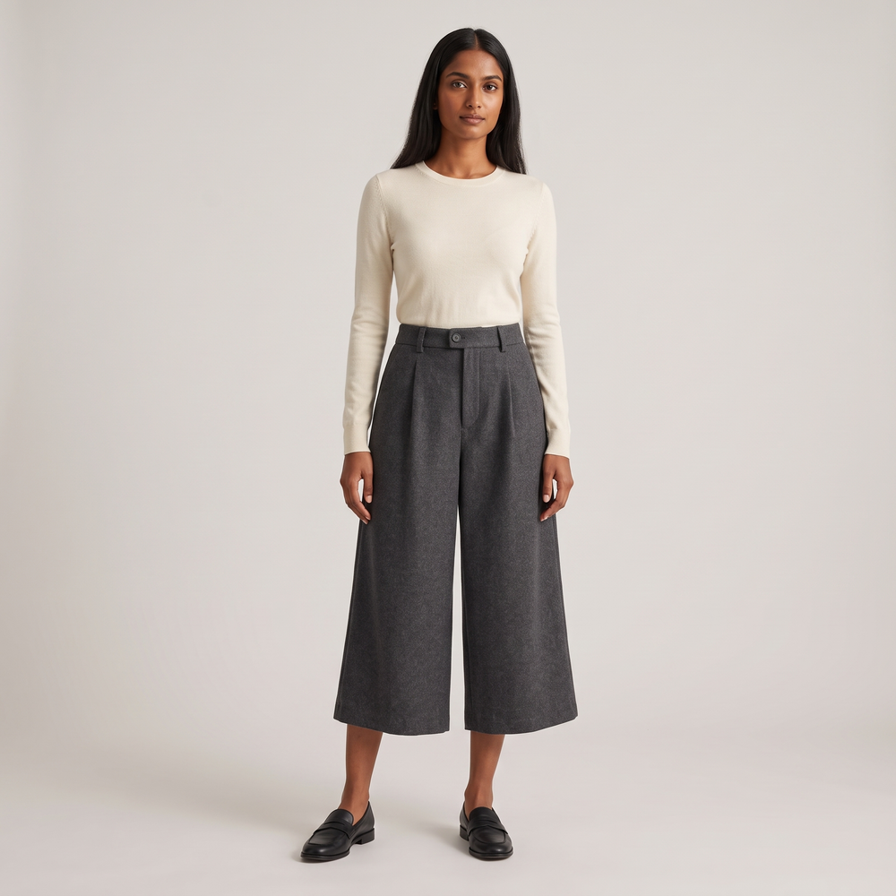 Pantalon jupe-culotte femme Léna gris porté de face, silhouette complète - Lonamy
