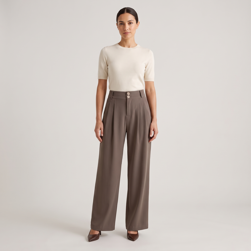 Pantalon large femme Alma taupe porté de face, silhouette complète - Lonamy