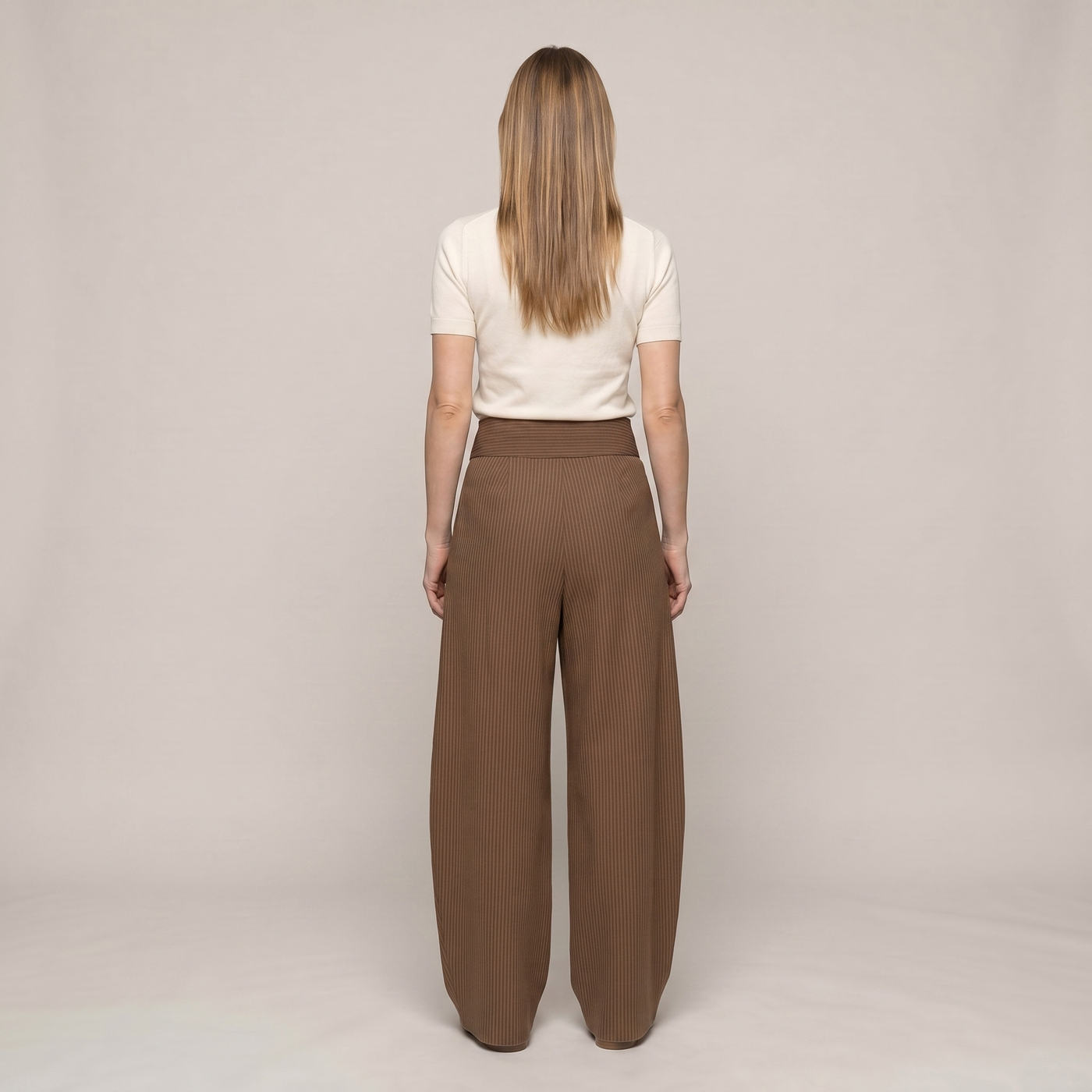 Pantalon large lana marron rayé