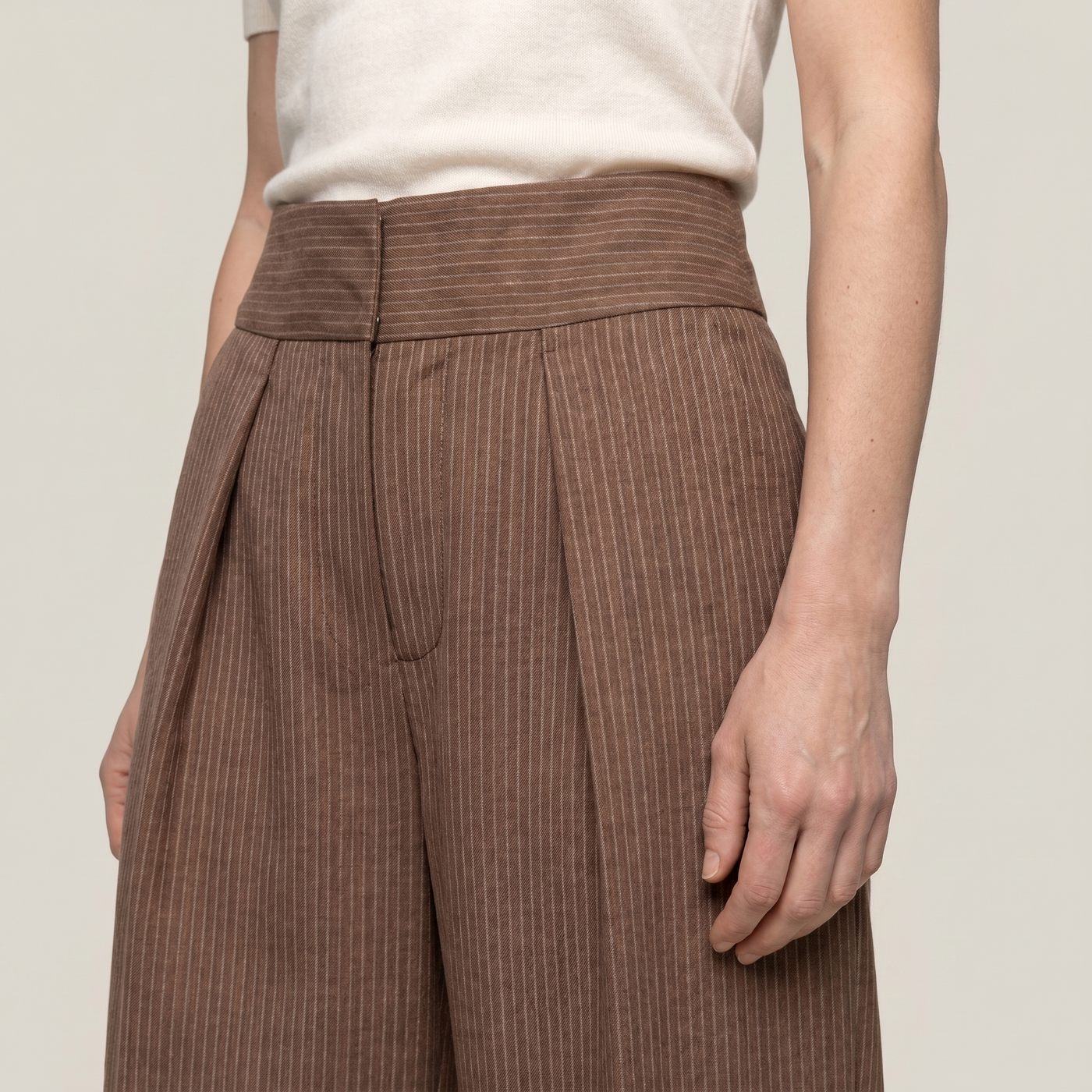 Pantalon large lana marron rayé
