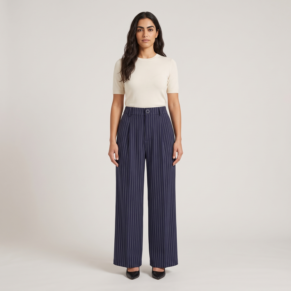 Pantalon large femme Selma marine porté de face, silhouette complète - Lonamy