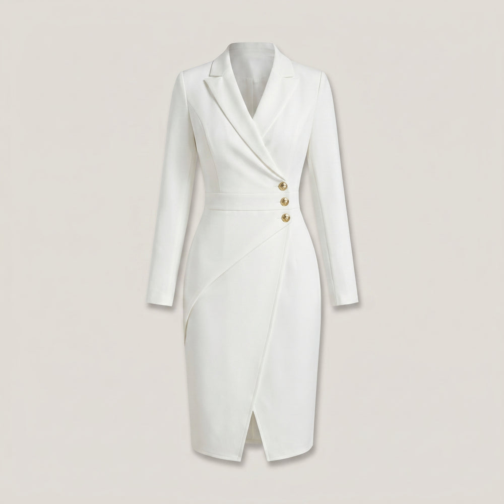 Robe portefeuille femme Maelys blanche, col cranté et boutons dorés - Lonamy