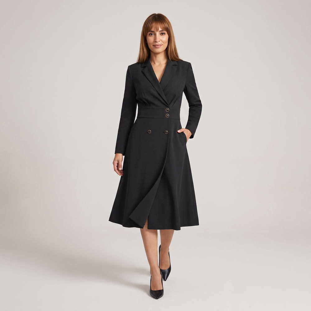 Robe tailleur femme Rosalie noire portée de face, silhouette complète - Lonamy