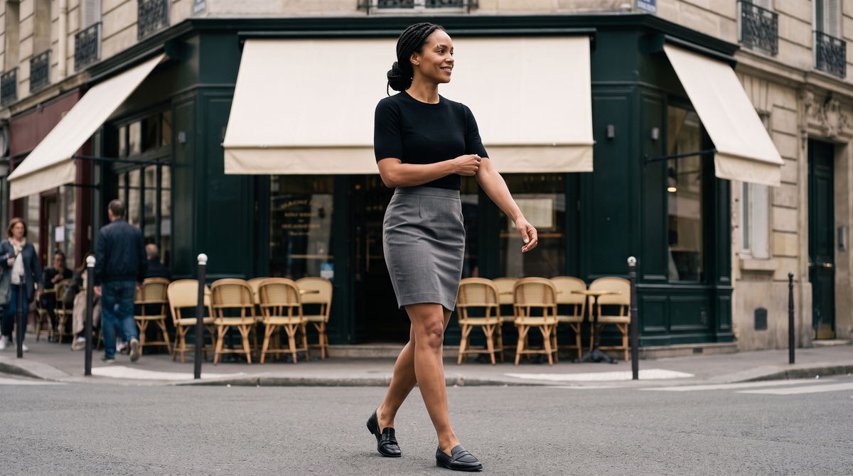 Jupe crayon tailleur Sidonie grise portée dans une rue parisienne - Lonamy