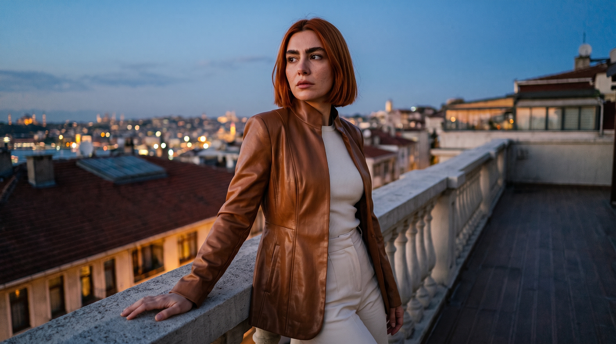 Veste aspect cuir cintrée marron caramel celeste, photo en situation