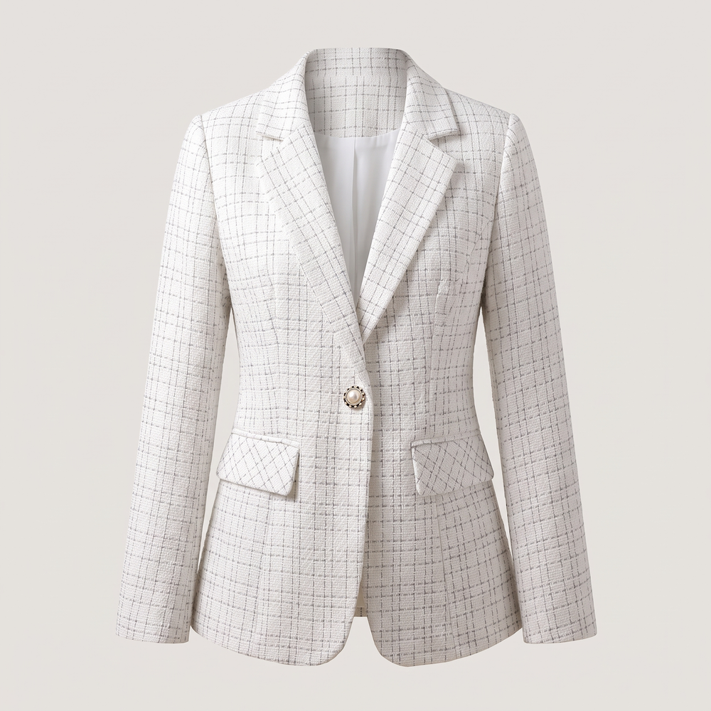 Veste tailleur femme Célia blanche à petits carreaux gris, vue de face - Lonamy