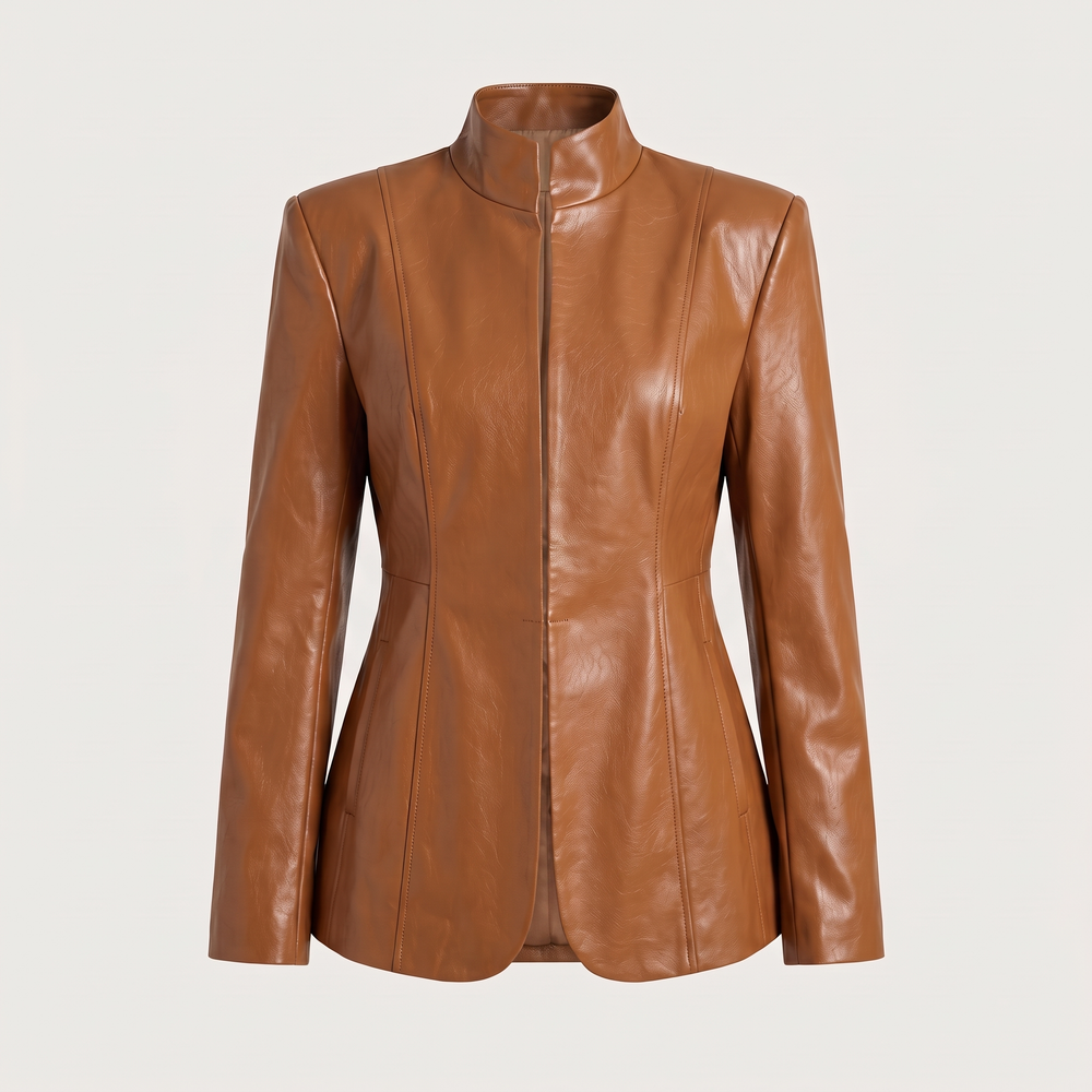 Veste Céleste aspect cuir marron caramel, vêtement seul sans mannequin sur fond clair - Lonamy